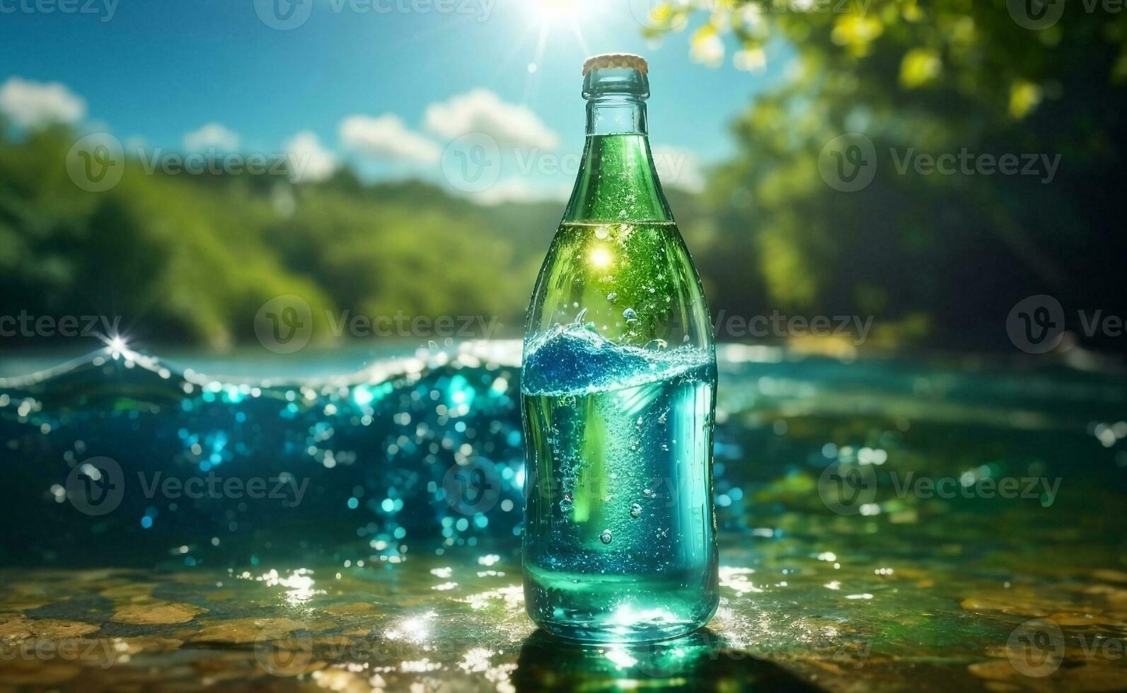 Pure mineral water in a glass bottle with nature background. photo
