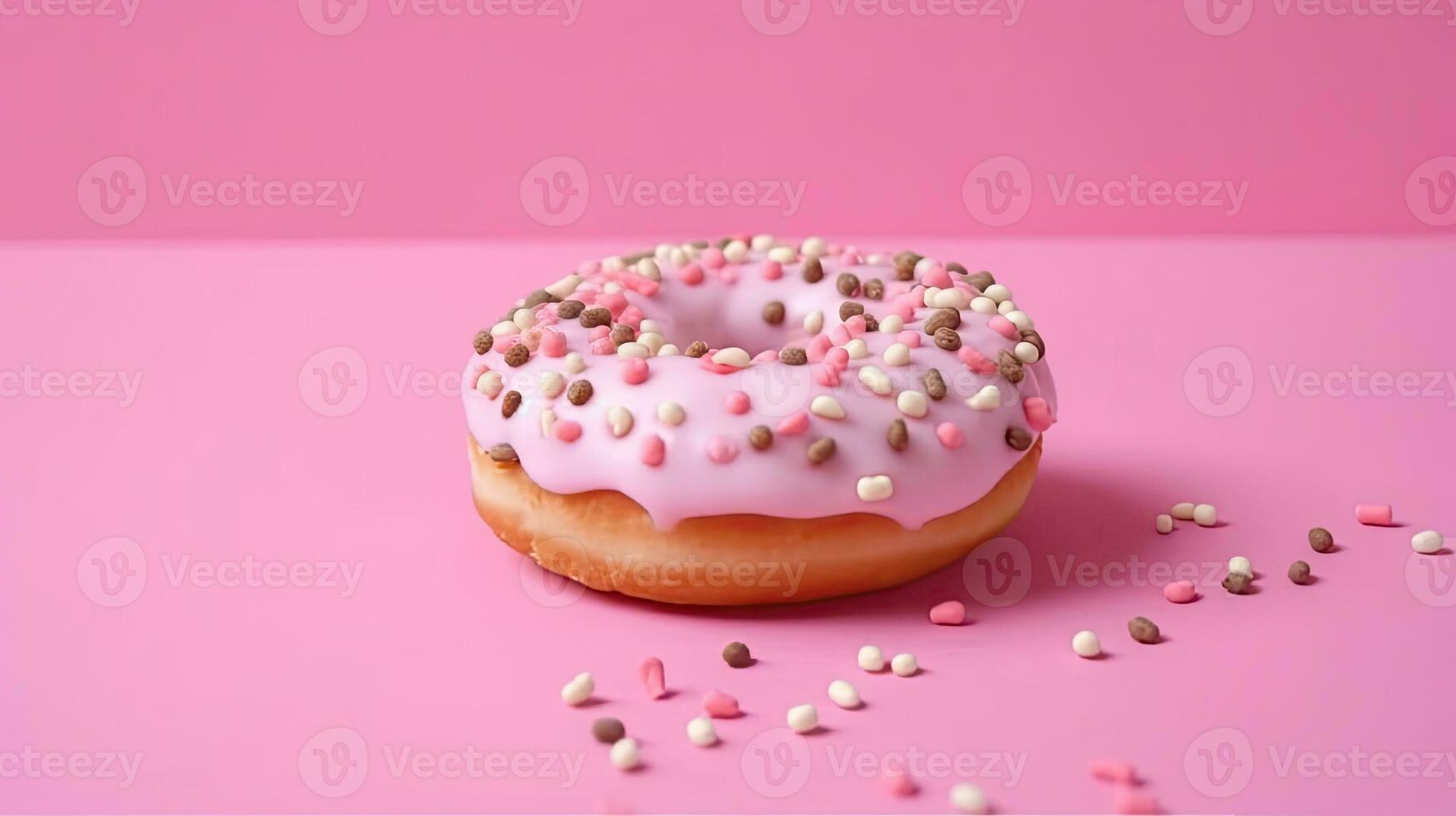 Bitten pink icing donut with marshmallows on pink background, AI Generated photo