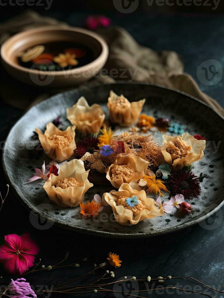 Shui lan fried wonton for chinese kung pao, in the style of flower and nature motifs AI Generated photo