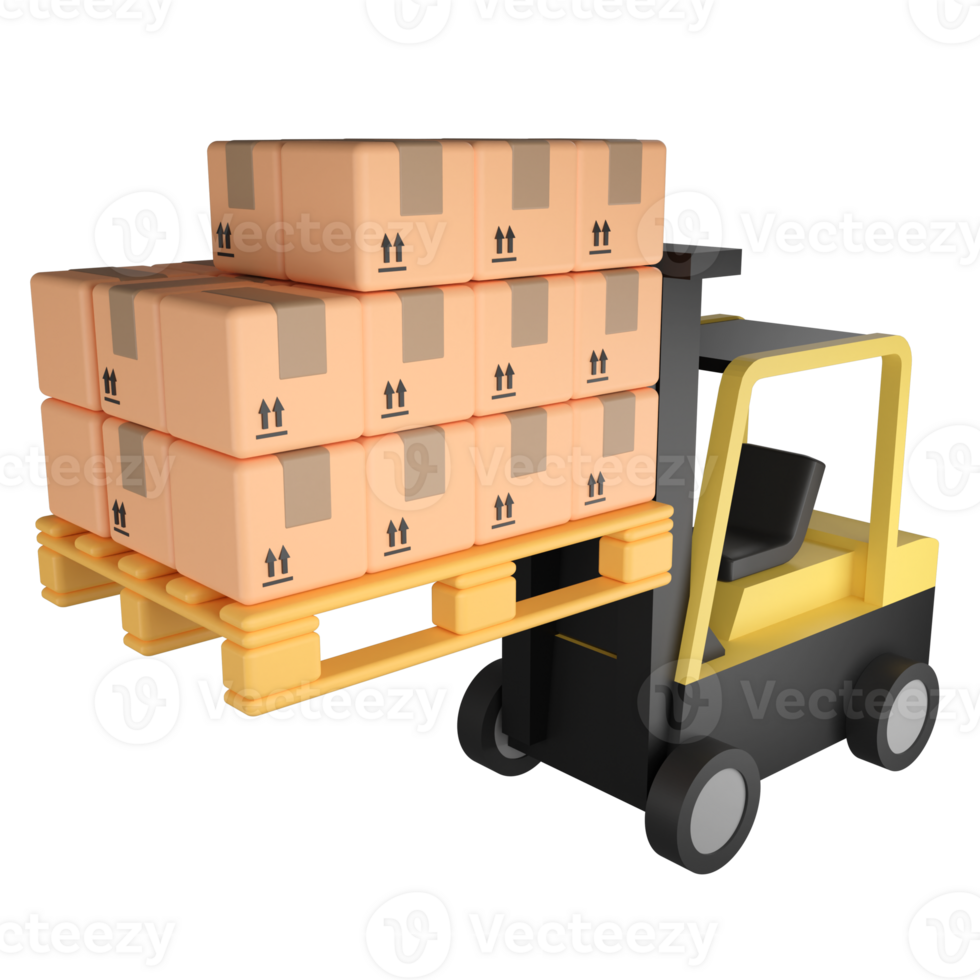 Forklift moving and sorting parcel boxes clipart flat design icon isolated on transparent background , 3D rendering logistic and delivery concept png