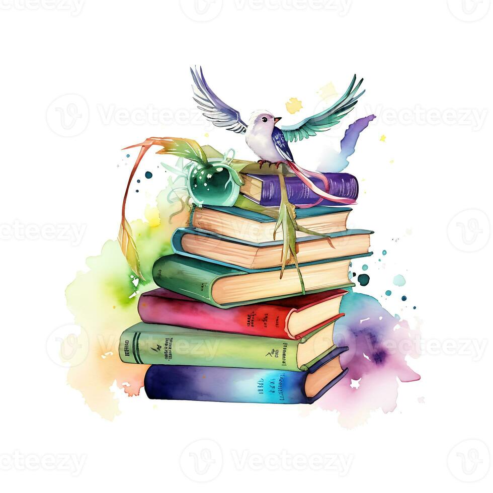 Beautiful Watercolor Fantasy bookshelf clipart illustration Background Generative Ai photo