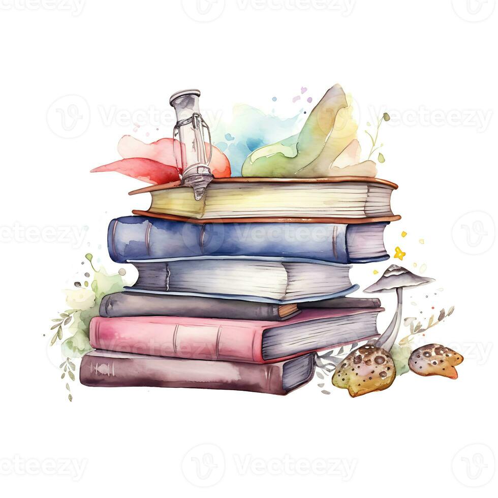 Beautiful Watercolor Fantasy bookshelf clipart illustration Background Generative Ai photo