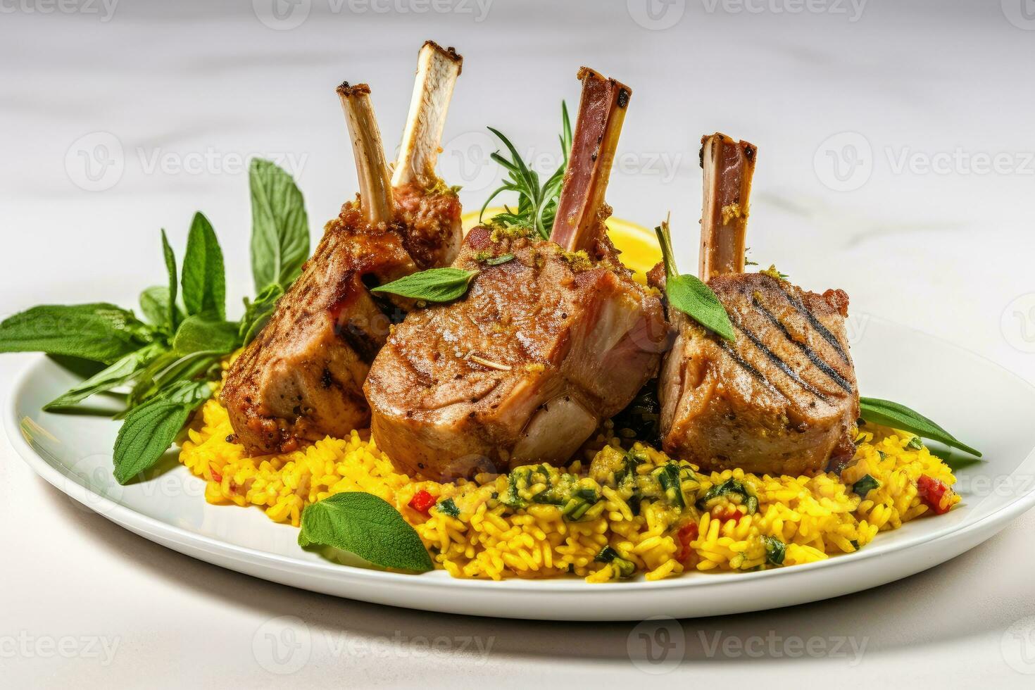 Lamb Shank Biryani Rice with lemon and mint on top Generative AI photo