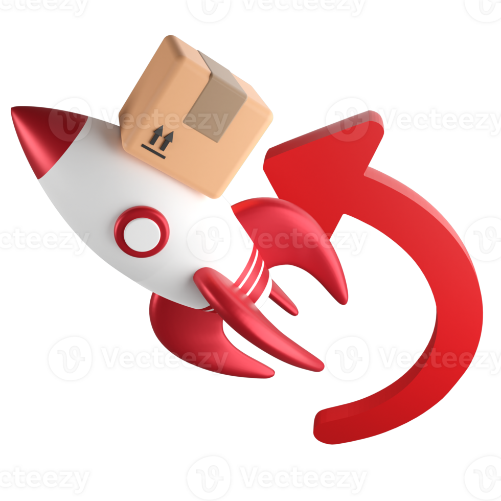 Fast transportation service parcel look like rocket clipart flat design icon isolated on transparent background, 3D render logistic and delivery concept png