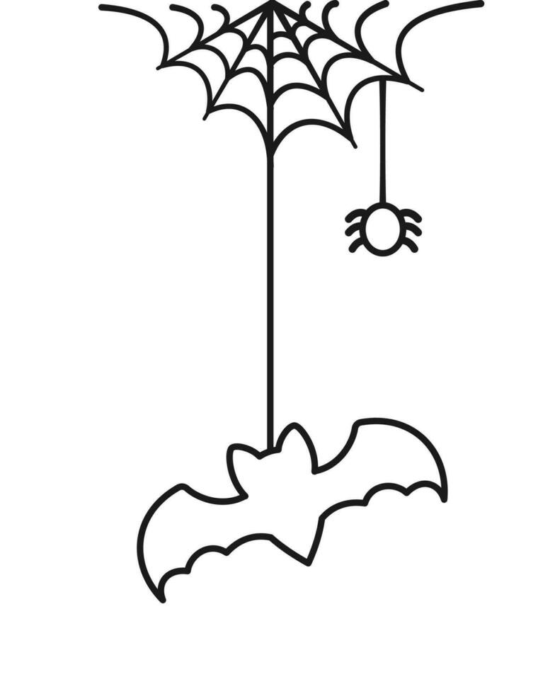 Bat Hanging on a Spider Web Doodle Outline Line Art, Happy Halloween Spooky Ornaments Decoration Vector illustration