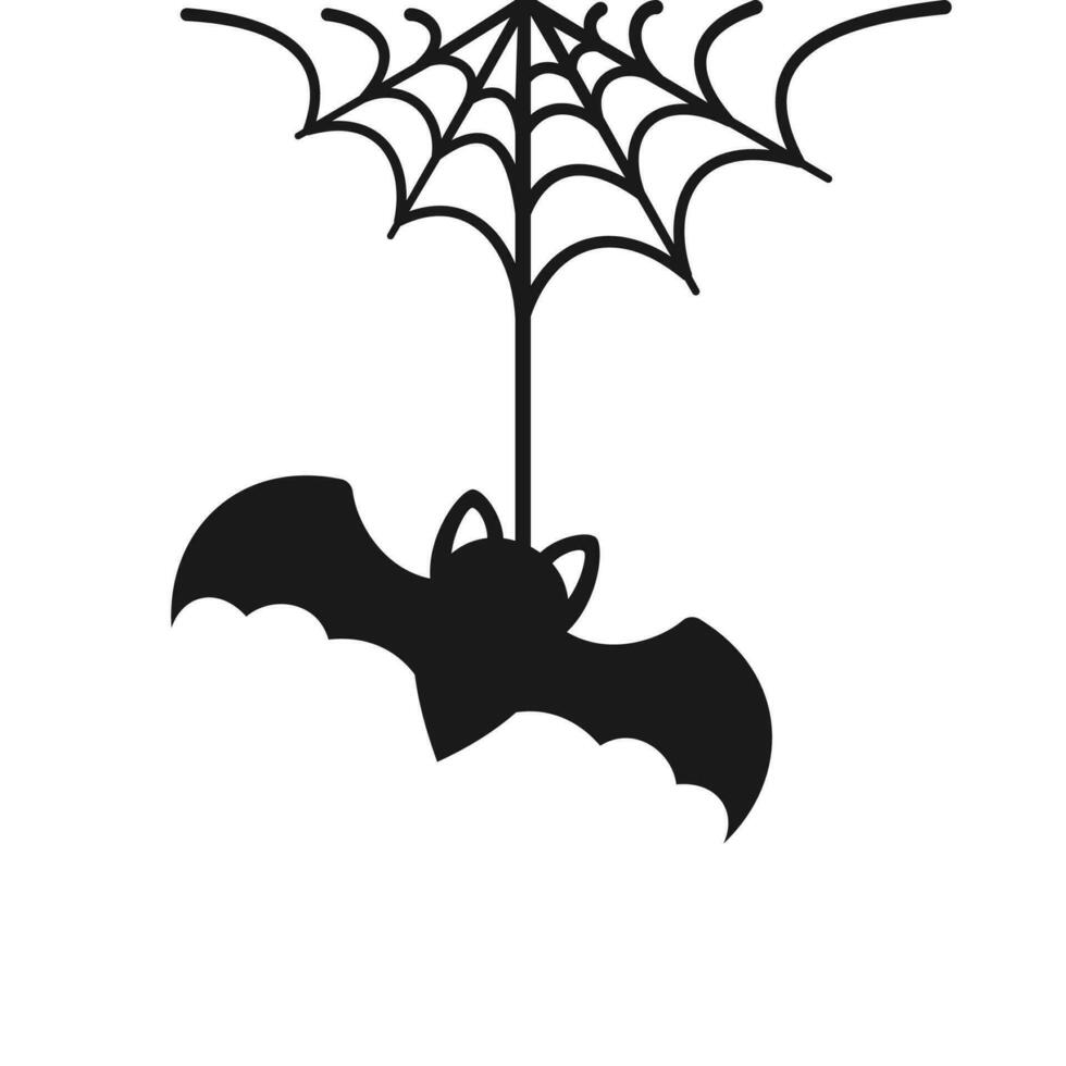 Bat Hanging on a Spider Web Doodle Silhouette, Happy Halloween Spooky Ornaments Decoration Vector illustration