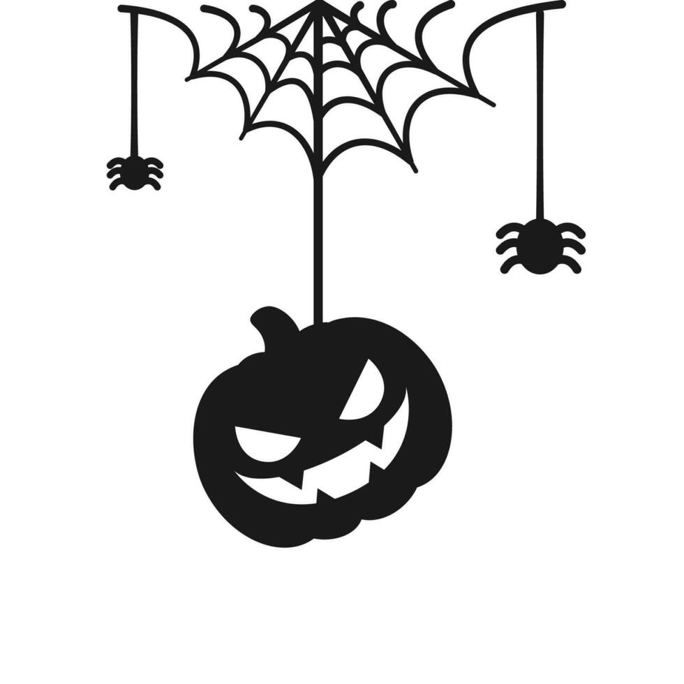 Jack O Lantern Evil Pumpkin Hanging on a Spider Web Silhouette, Happy Halloween Spooky Ornaments Decoration Vector illustration