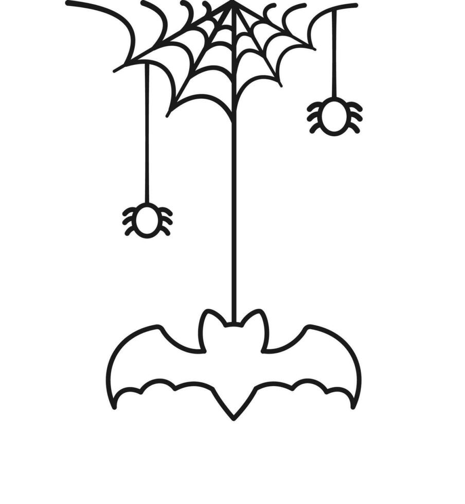 Bat Hanging on a Spider Web Doodle Outline Line Art, Happy Halloween Spooky Ornaments Decoration Vector illustration