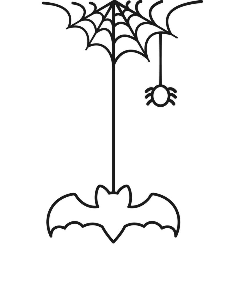 Bat Hanging on a Spider Web Doodle Outline Line Art, Happy Halloween Spooky Ornaments Decoration Vector illustration