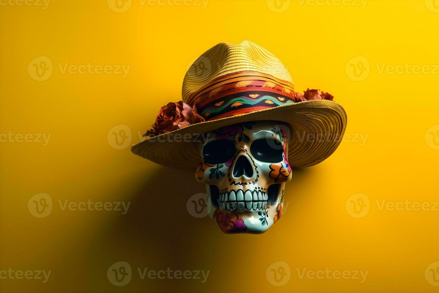 Mexican sugar skull with sombrero and hat on yellow background with copyspace photo