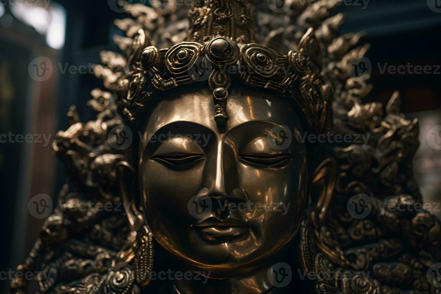 Close up of a golden statue of a buddha in temple photo