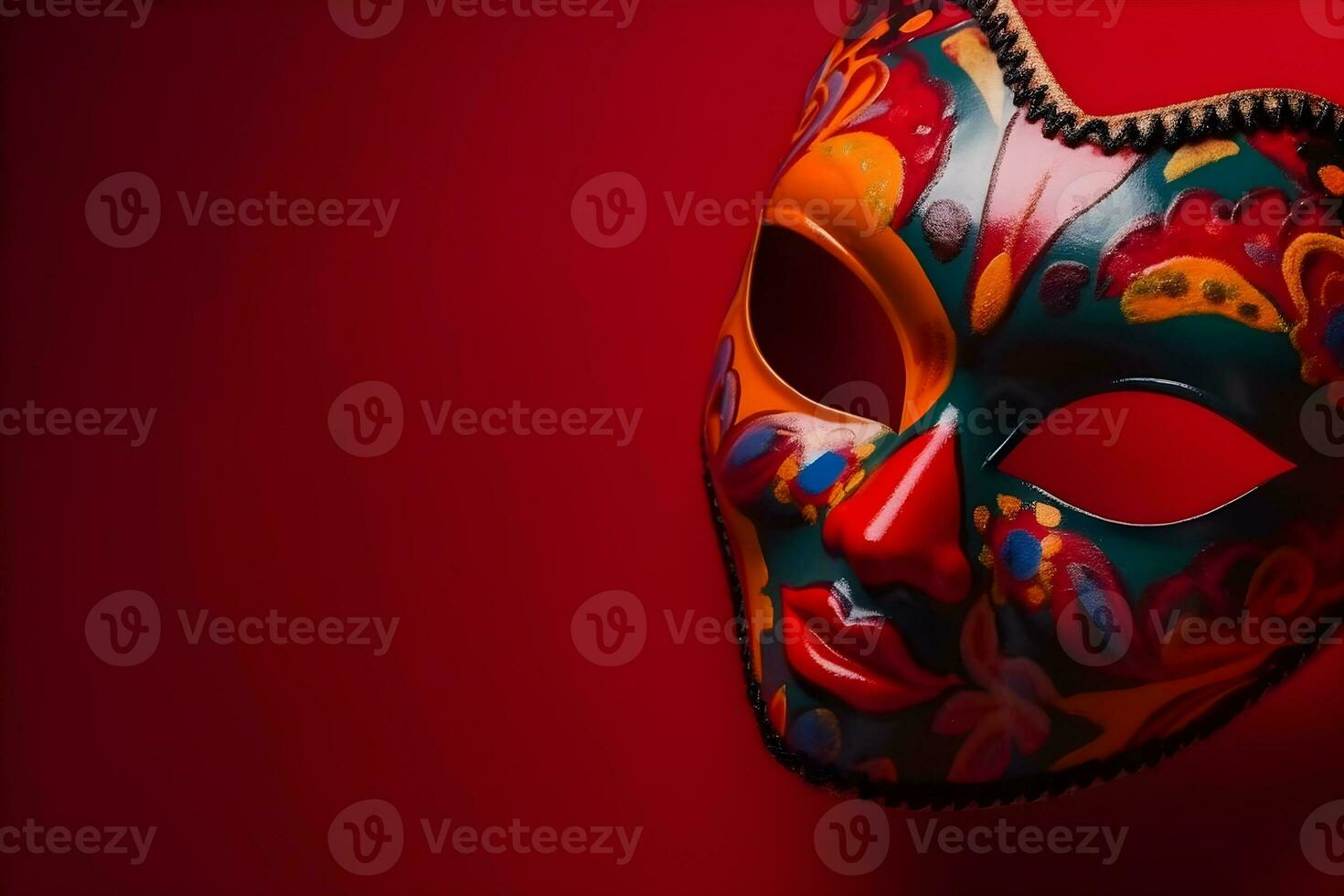 Beautiful carnival mask with feathers on red background with copyspace photo