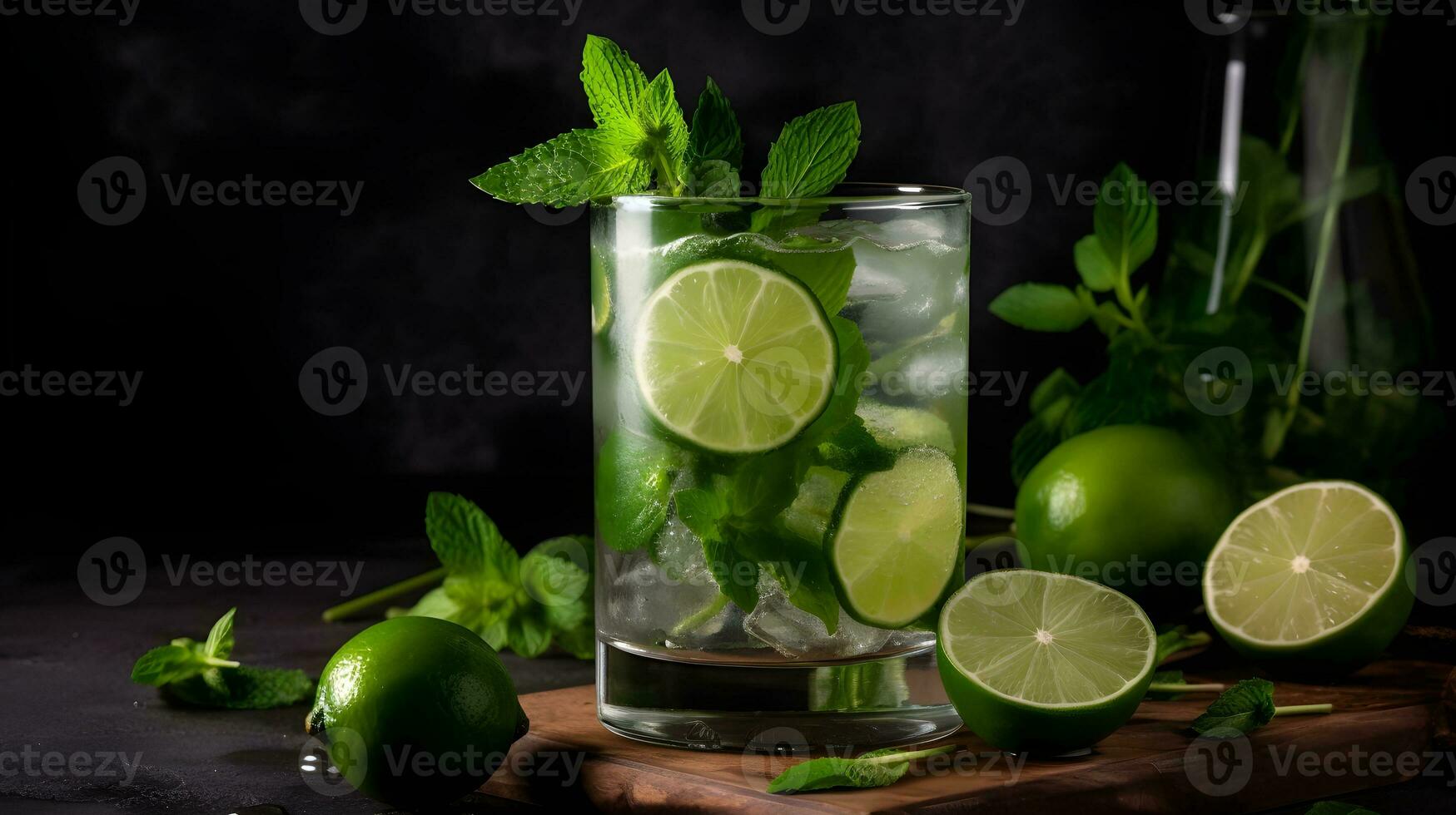 mojito cóctel con Lima, menta y hielo en de madera mesa foto