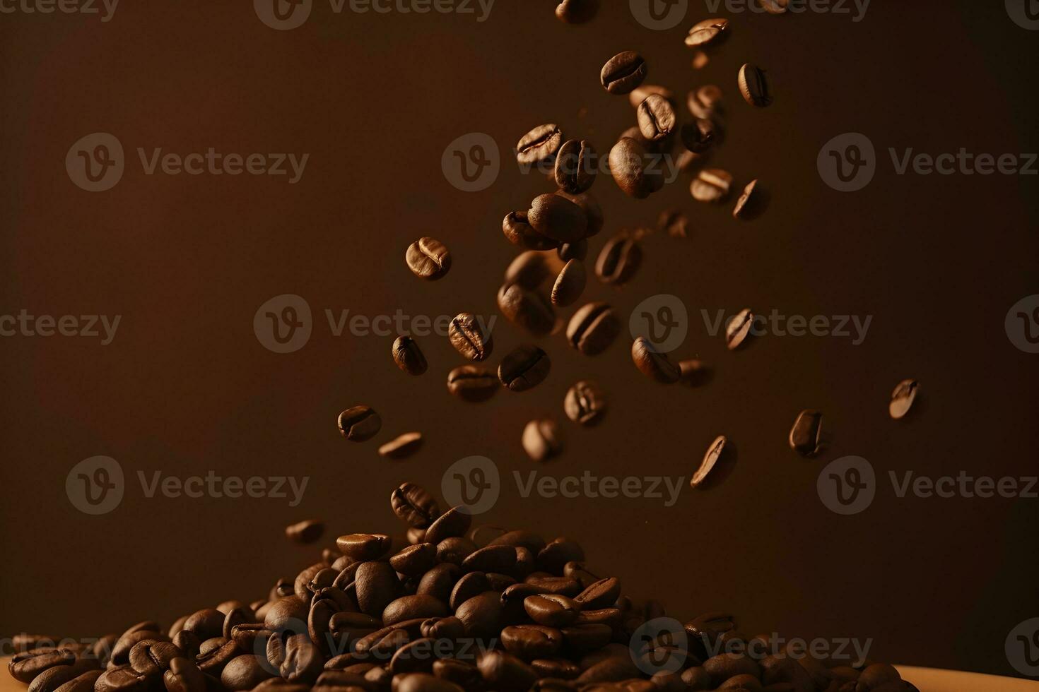 Flying falling coffee beans on brown background photo