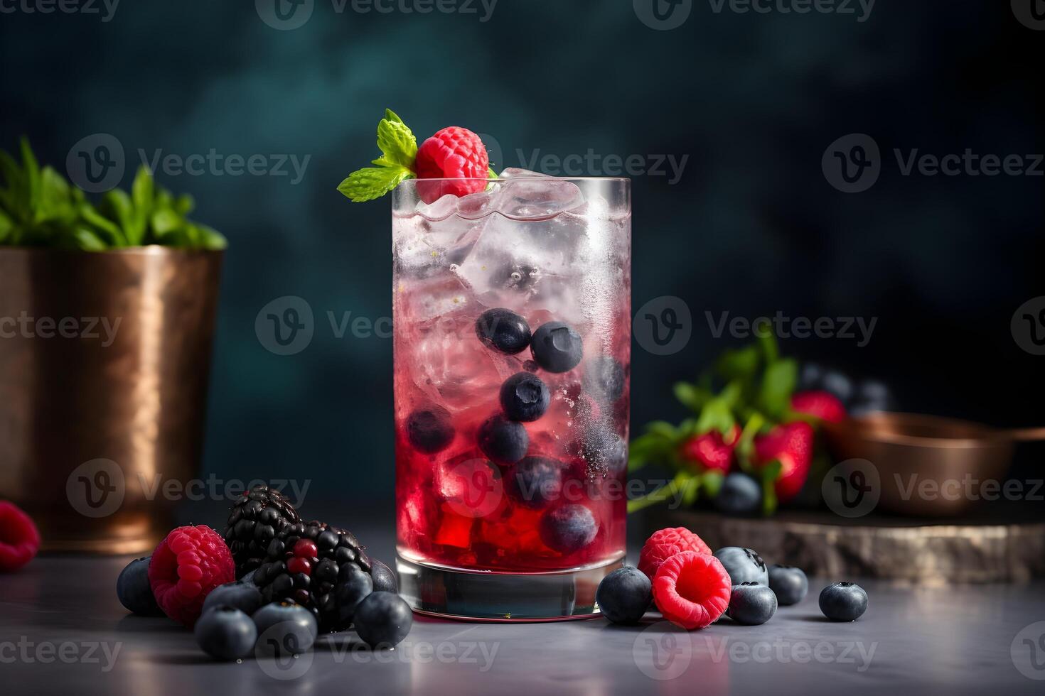 cóctel con arándanos y frambuesas en un vaso en un de madera mesa. generativo ai foto