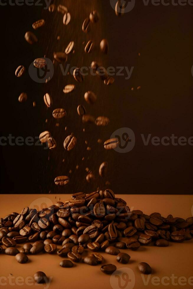 Flying falling coffee beans on brown background photo