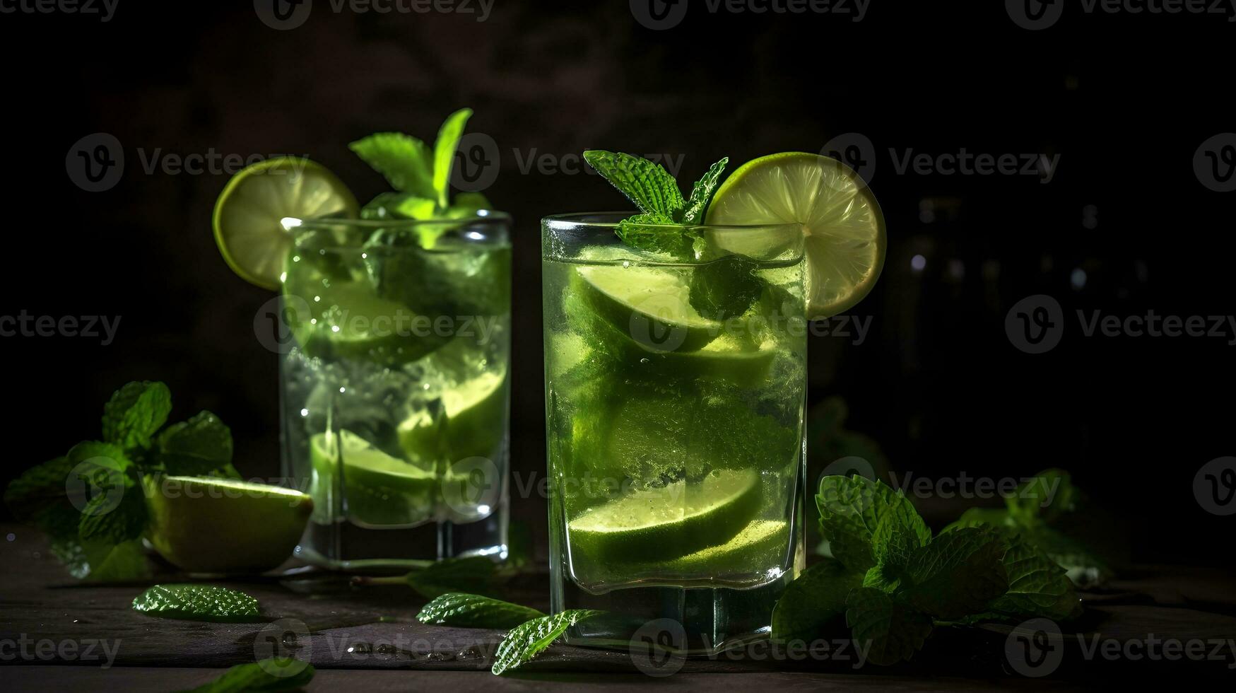 Mojito cocktail with lime, mint and ice on wooden table photo