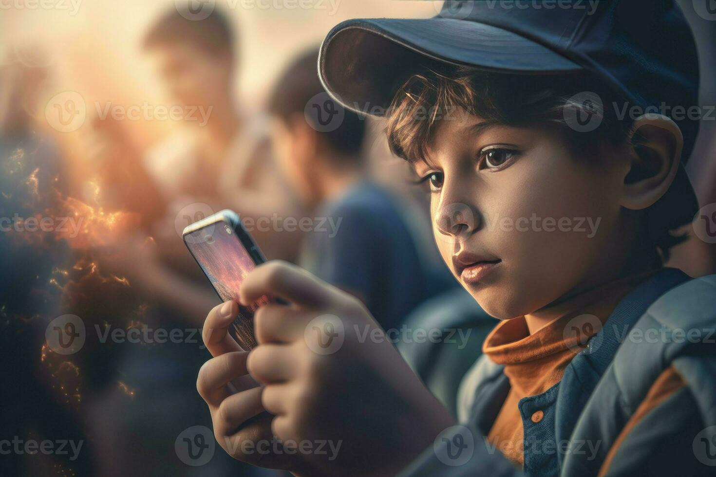 Kids using mobile games. Generate Ai photo