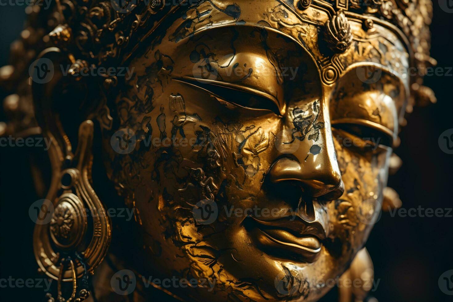 Close up of a golden statue of a buddha in temple photo