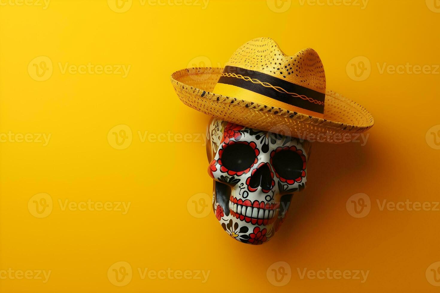 Mexican sugar skull with sombrero and hat on yellow background with copyspace photo