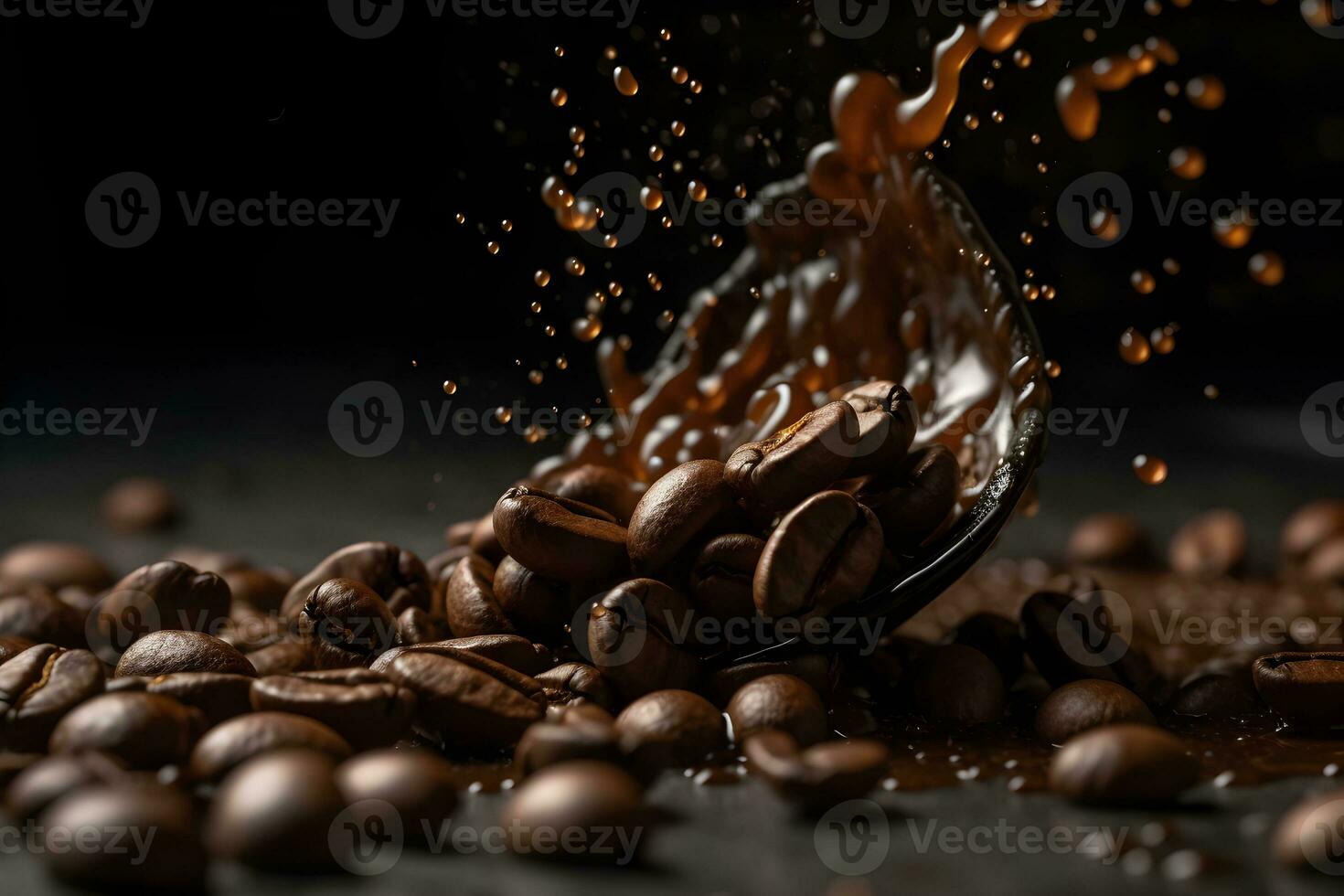 Coffee beans falling into a splash of chocolate on a black background photo
