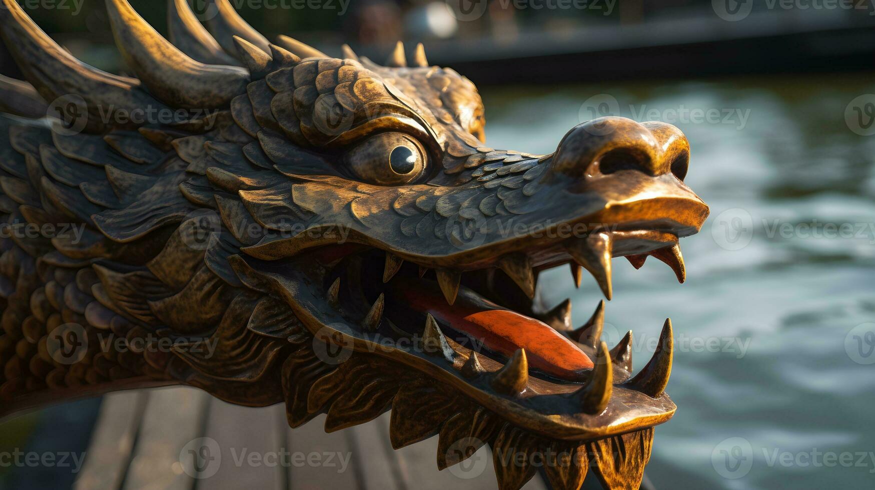 A wooden dragon head of dragon boat photo