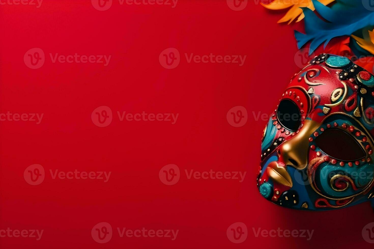 Beautiful carnival mask with feathers on red background with copyspace photo