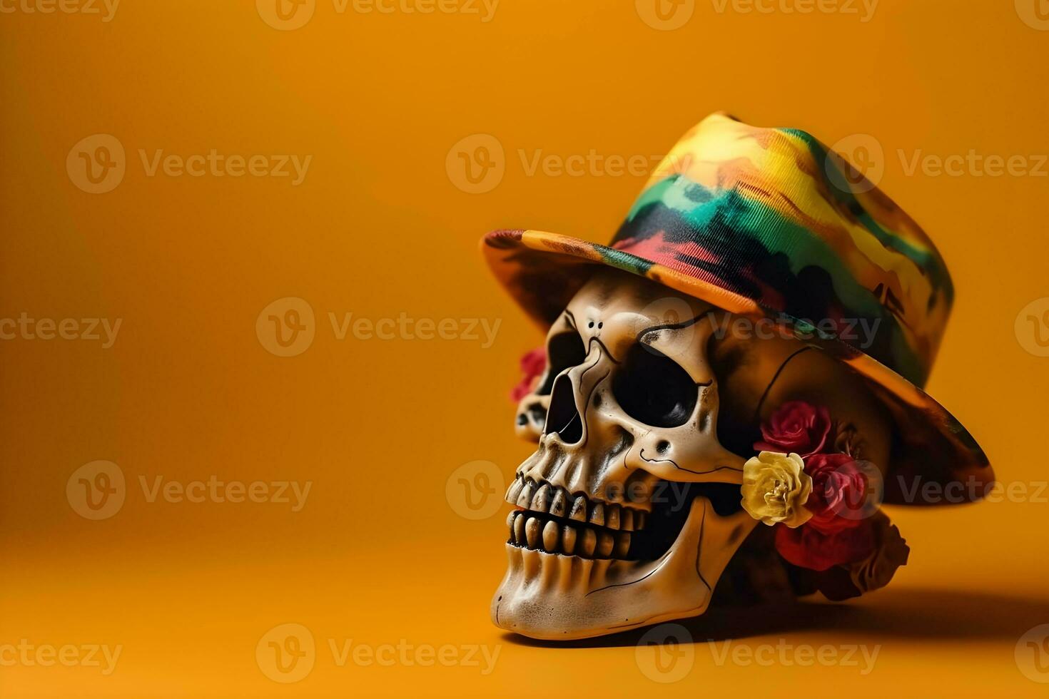 Mexican sugar skull with sombrero and hat on yellow background with copyspace photo