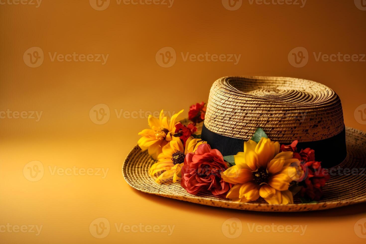 Straw hat and flowers on yellow background with copy space. photo