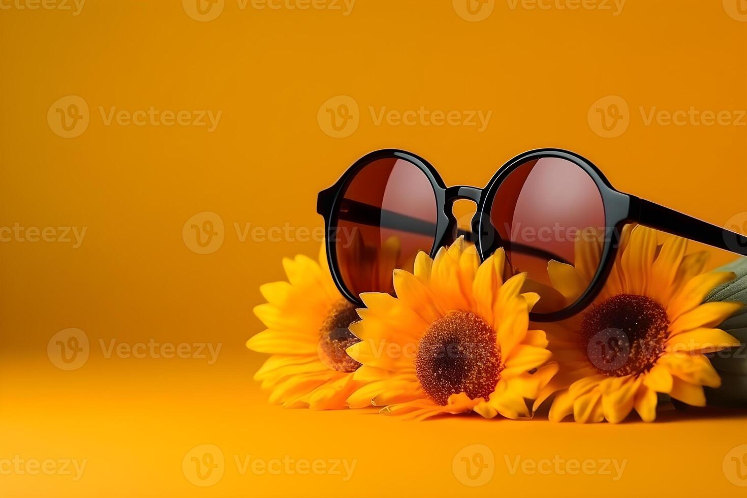 sunglasses and sunflowers on yellow background with copyspace. photo