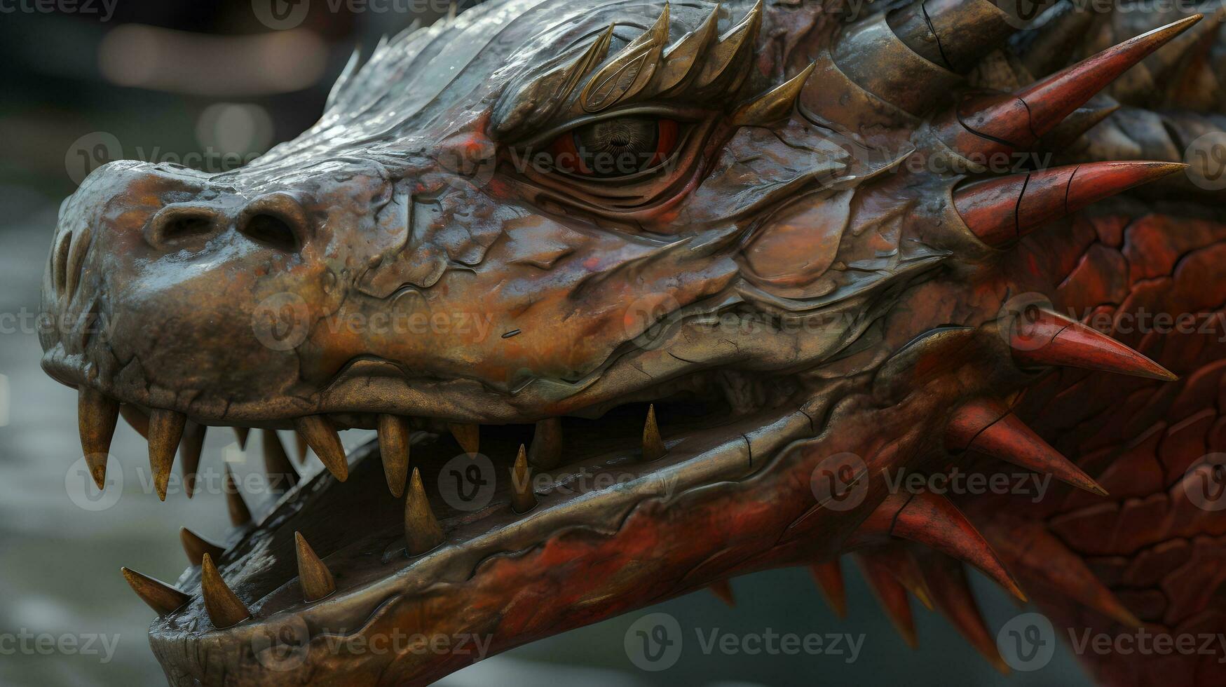 A wooden dragon head of dragon boat photo