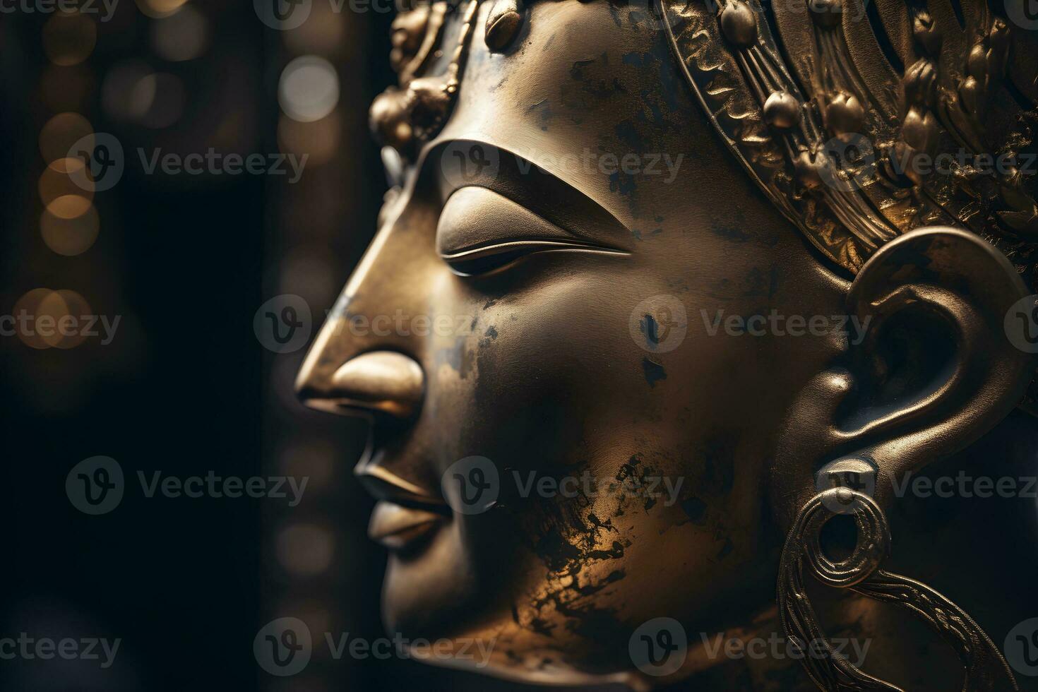 Close up of a golden statue of a buddha in temple photo