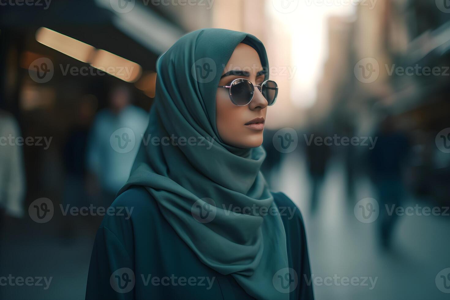 Beautiful muslim woman wearing hijab stands in a city street. photo