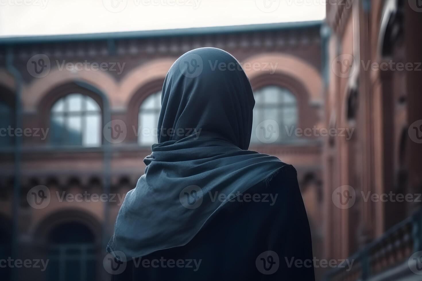 A Muslim woman in a black niqab outfit stands in a courtyard. photo