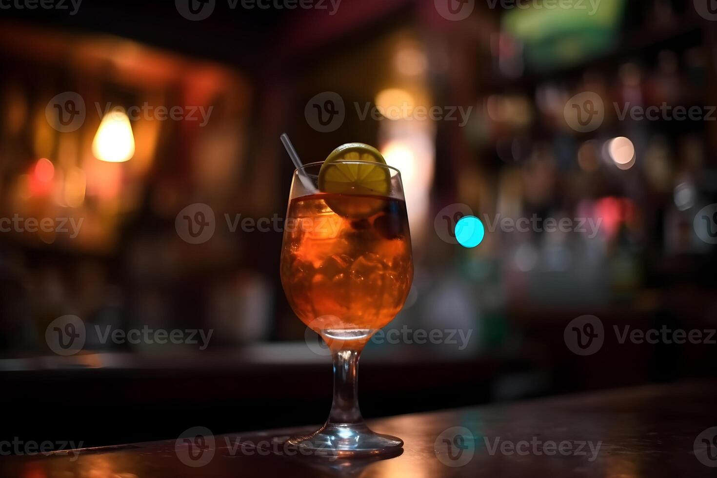 cóctel en el bar con un rebanada de limón y un paja. generativo ai foto