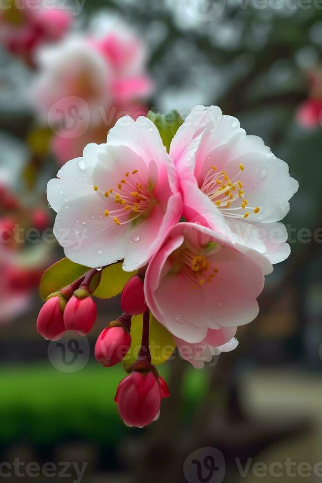 A tree with pink flowers in front of a red building photo