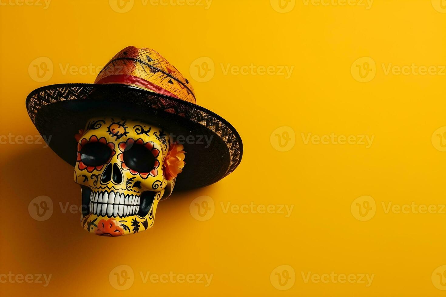 Mexican sugar skull with sombrero and hat on yellow background with copyspace photo