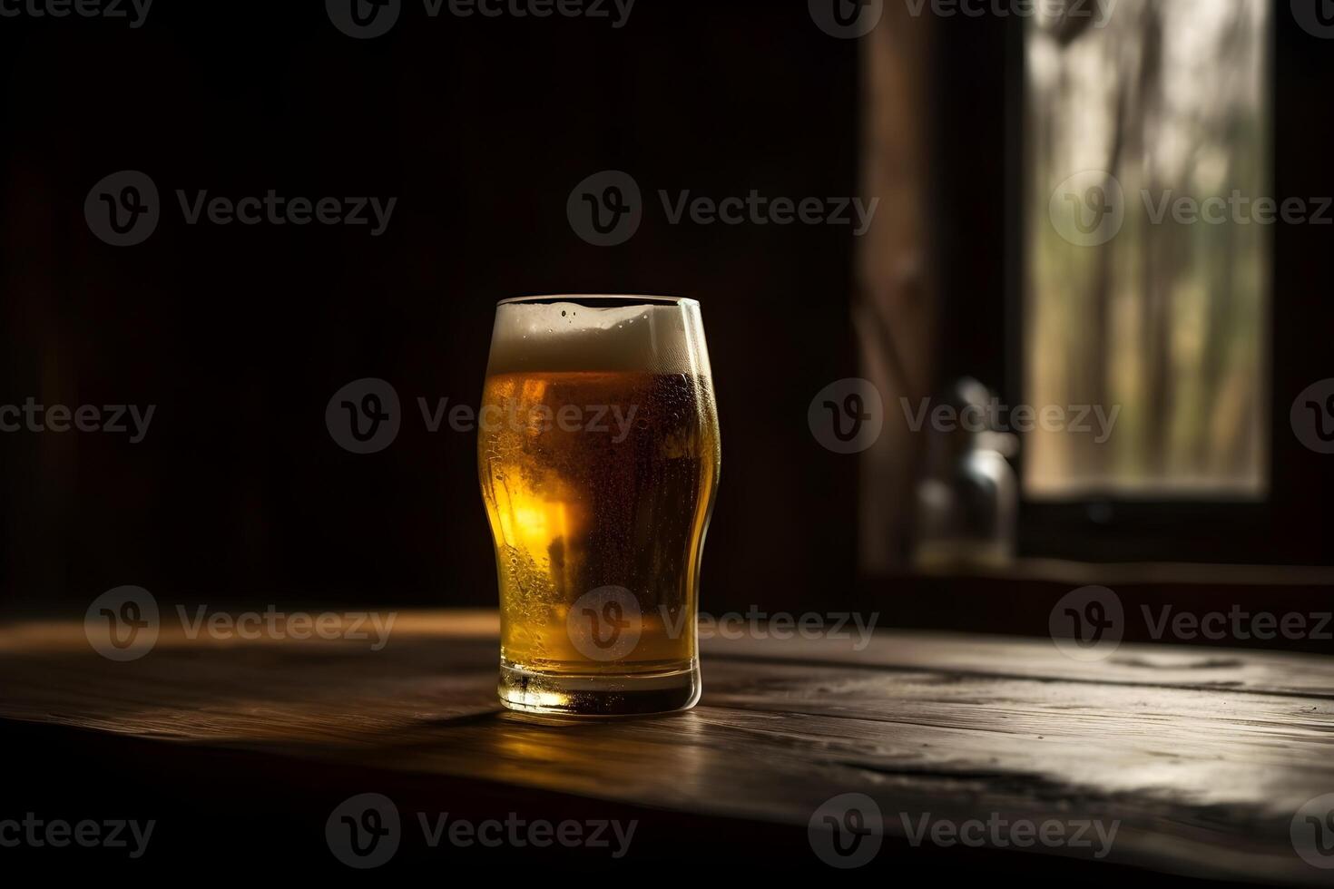 cerveza en un vaso en un de madera mesa. generativo ai foto