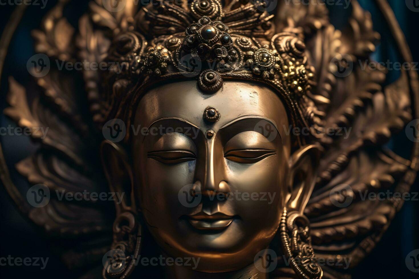 Close up of a golden statue of a buddha in temple photo