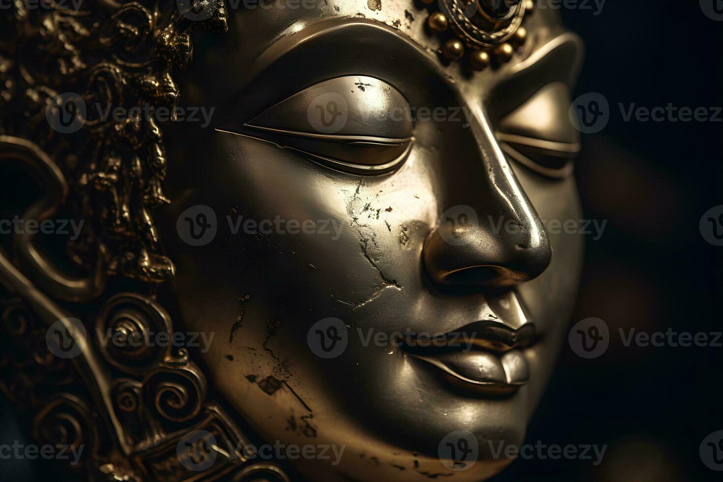 Close up of a golden statue of a buddha in temple photo