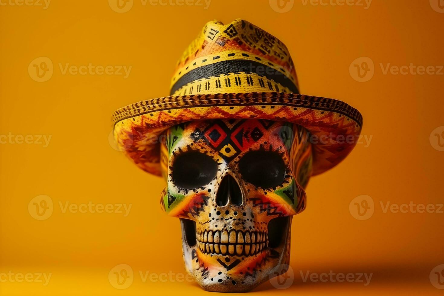 Mexican sugar skull with sombrero and hat on yellow background with copyspace photo