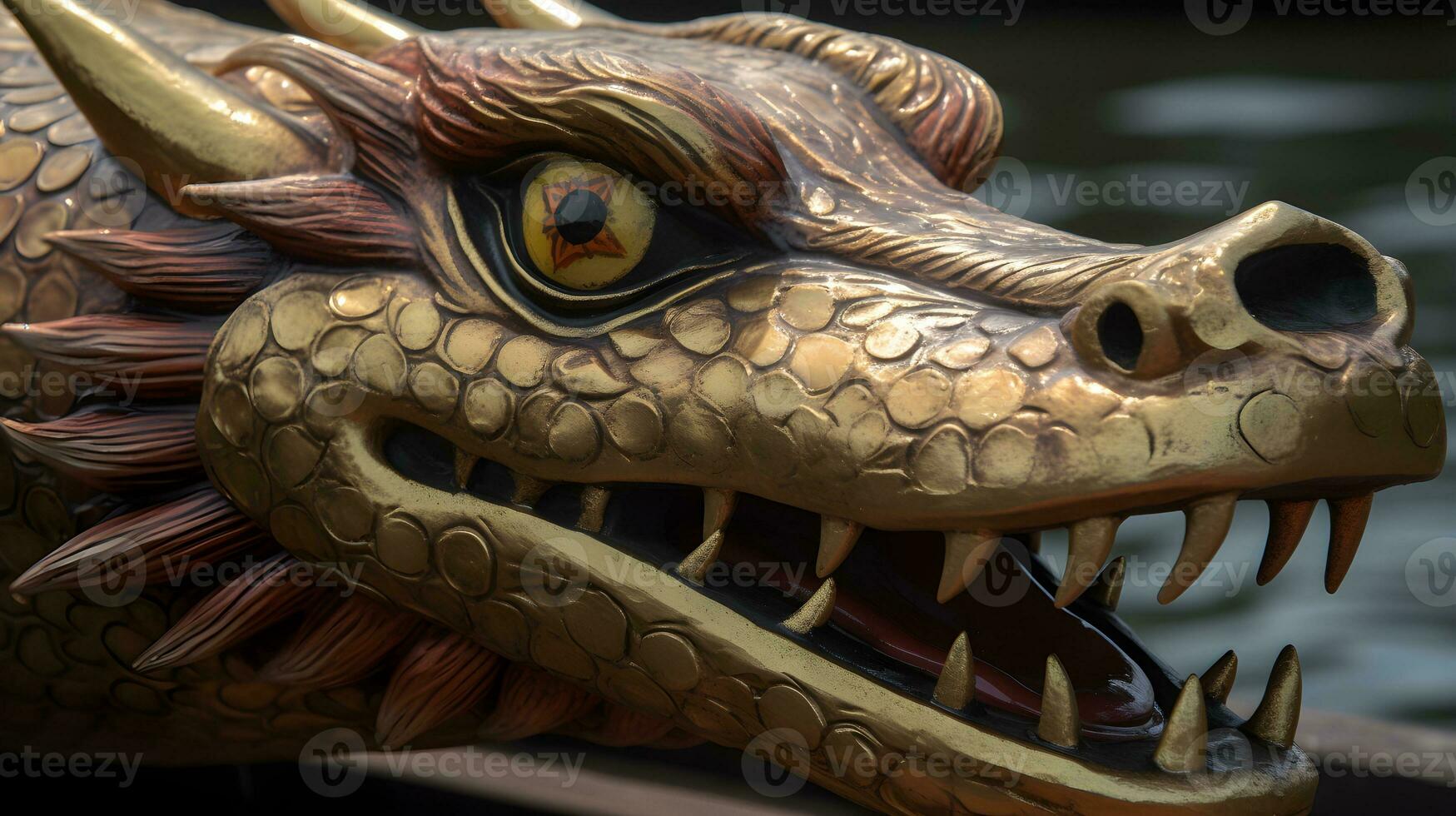 A wooden dragon head of dragon boat photo