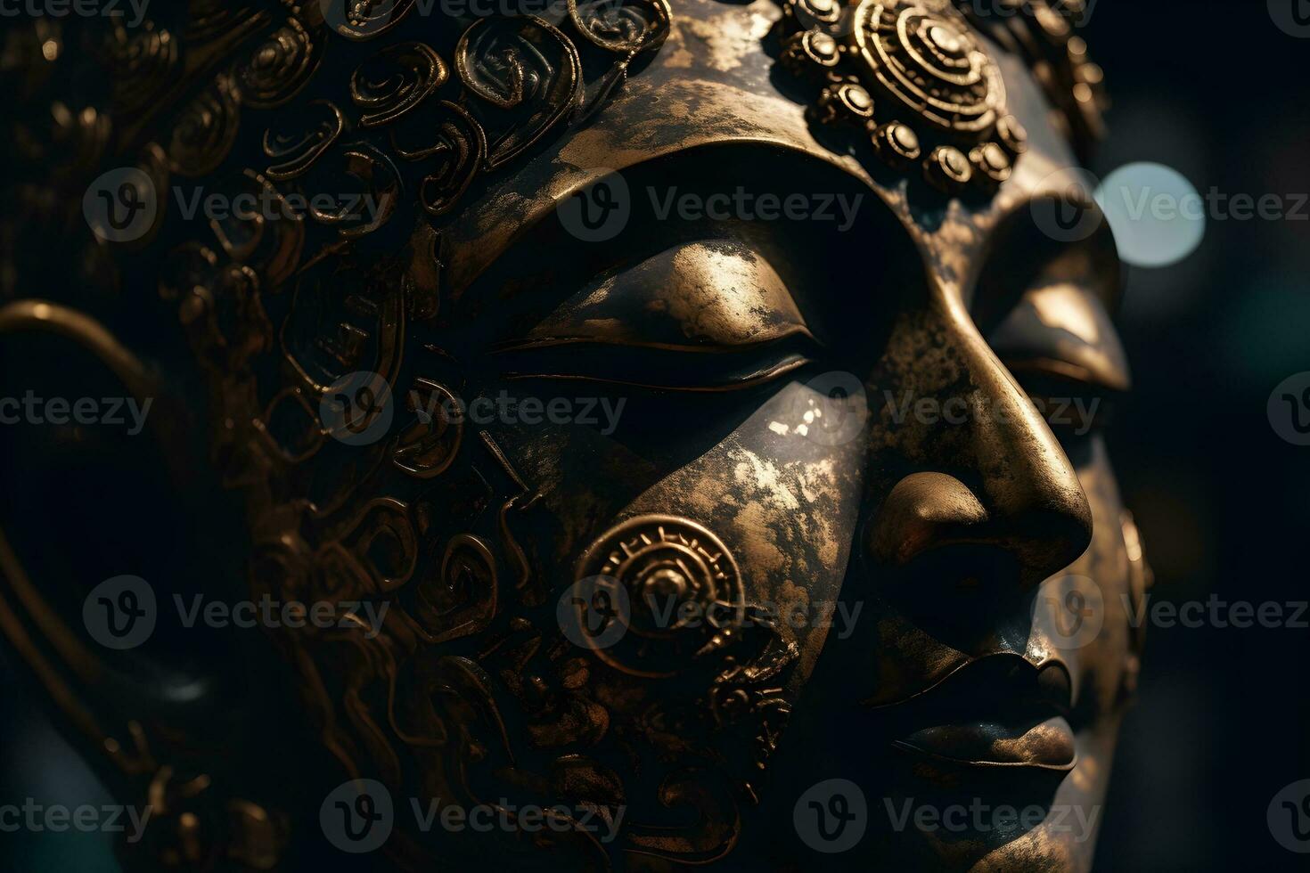 Close up of a golden statue of a buddha in temple photo