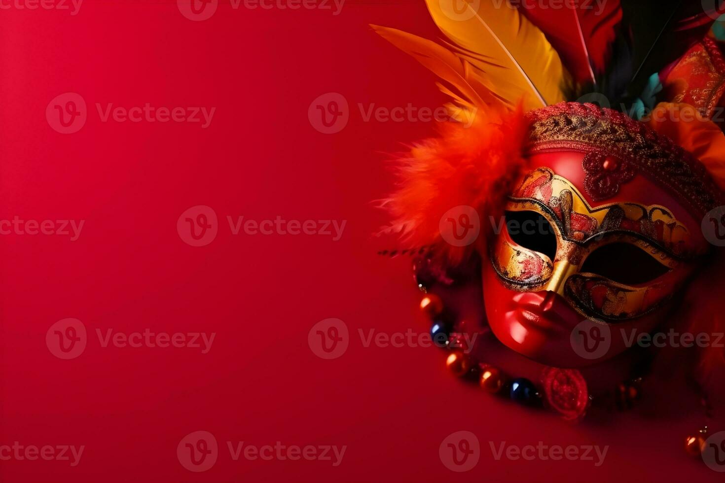 Beautiful carnival mask with feathers on red background with copyspace photo