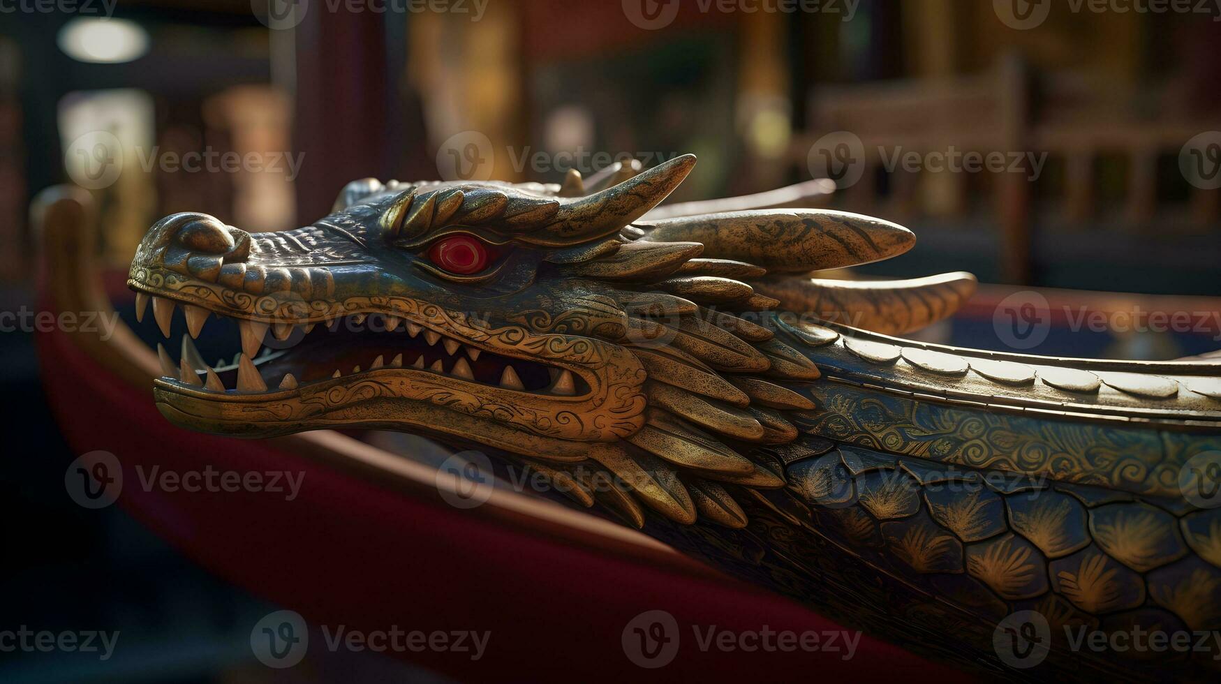 A wooden dragon head of dragon boat photo