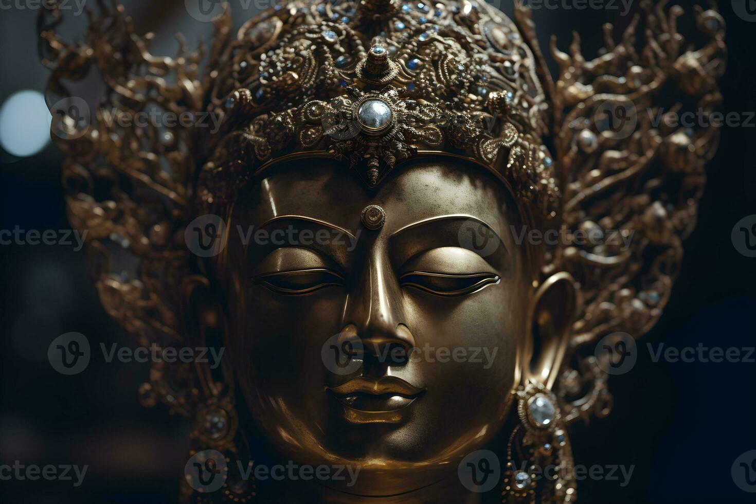 Close up of a golden statue of a buddha in temple photo