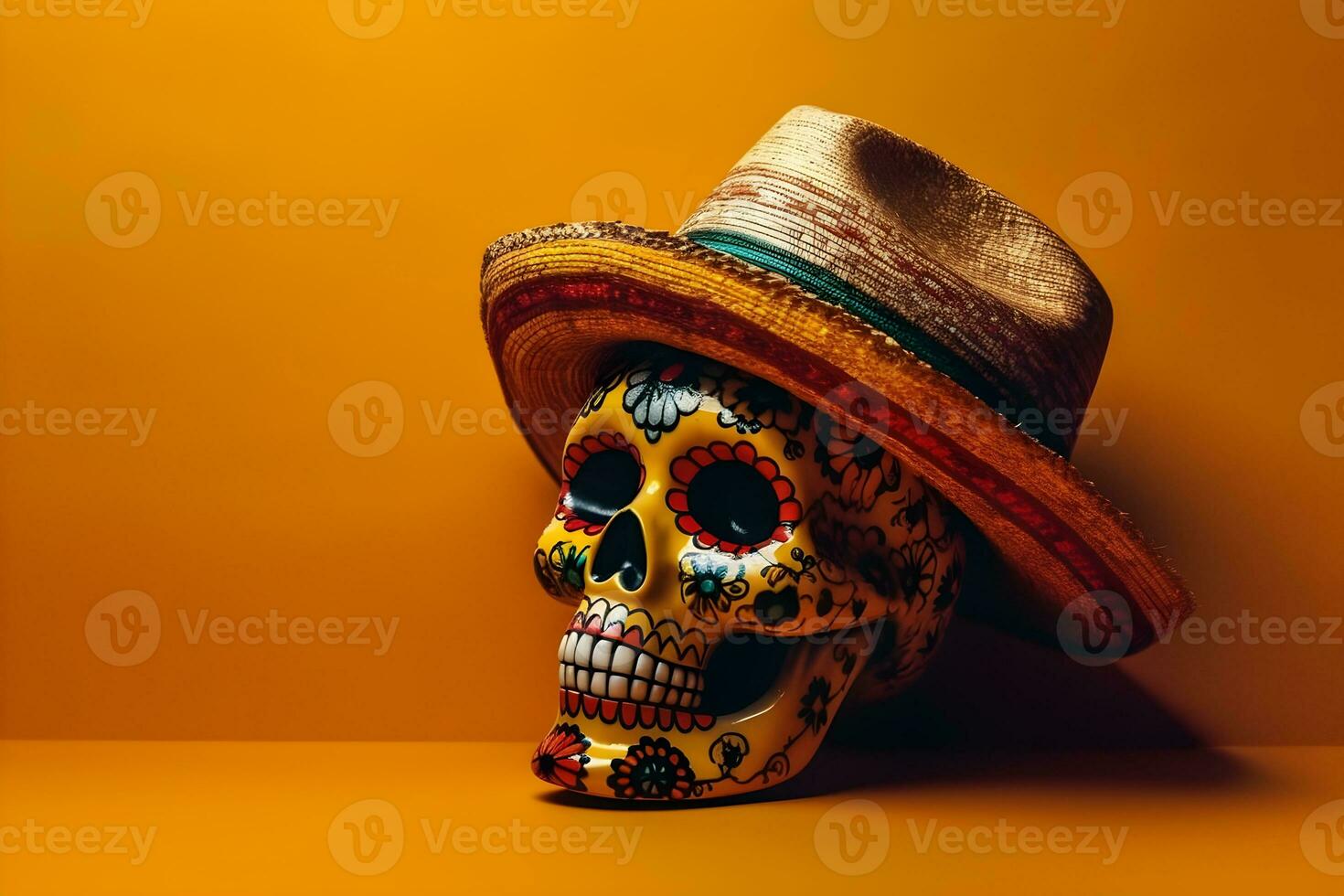 Mexican sugar skull with sombrero and hat on yellow background with copyspace photo