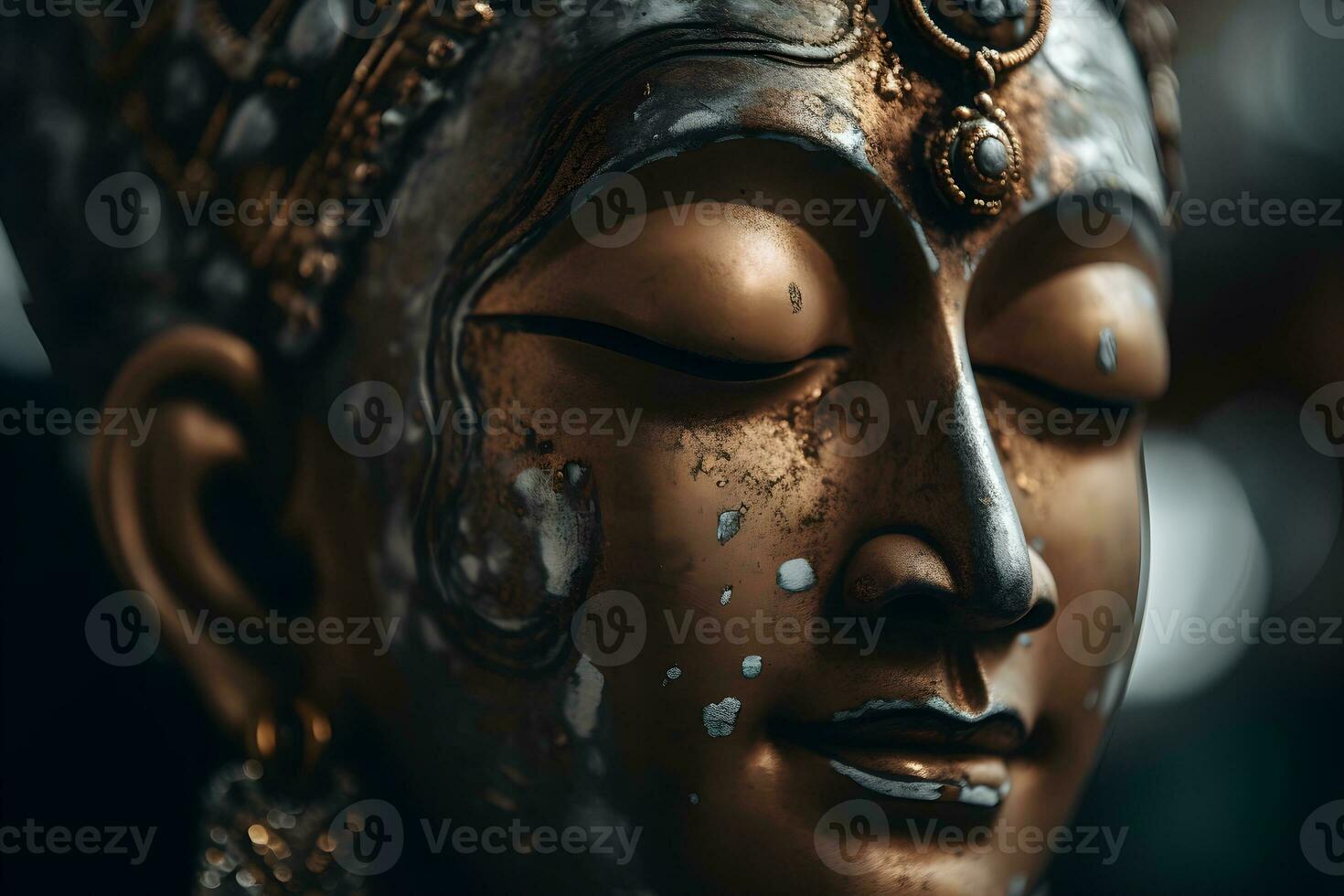 Close up of a golden statue of a buddha in temple photo