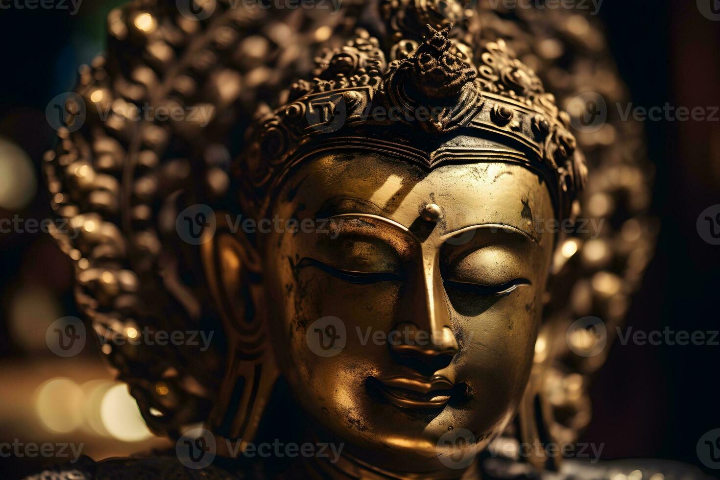 Close up of a golden statue of a buddha in temple photo