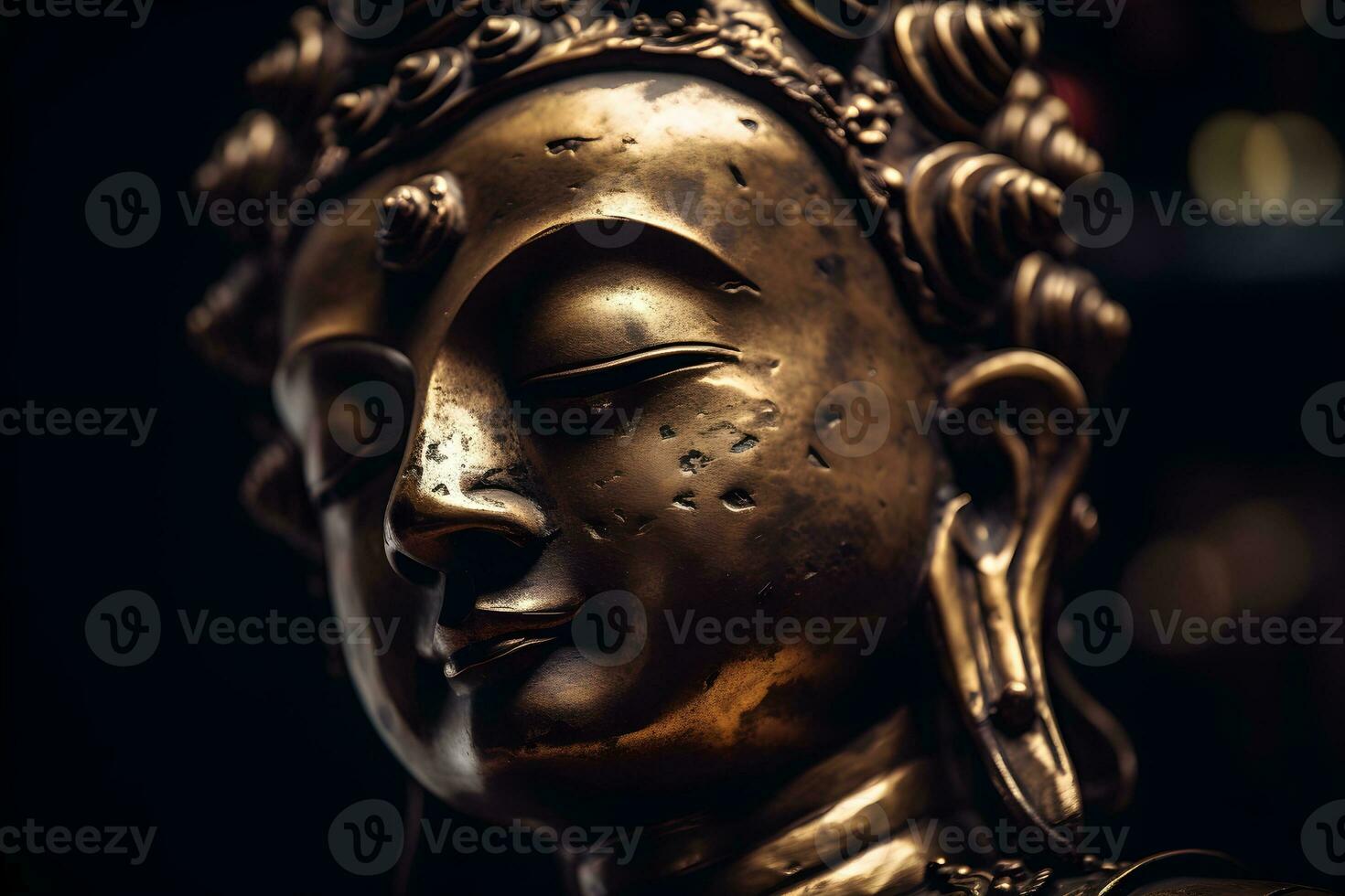 Close up of a golden statue of a buddha in temple photo